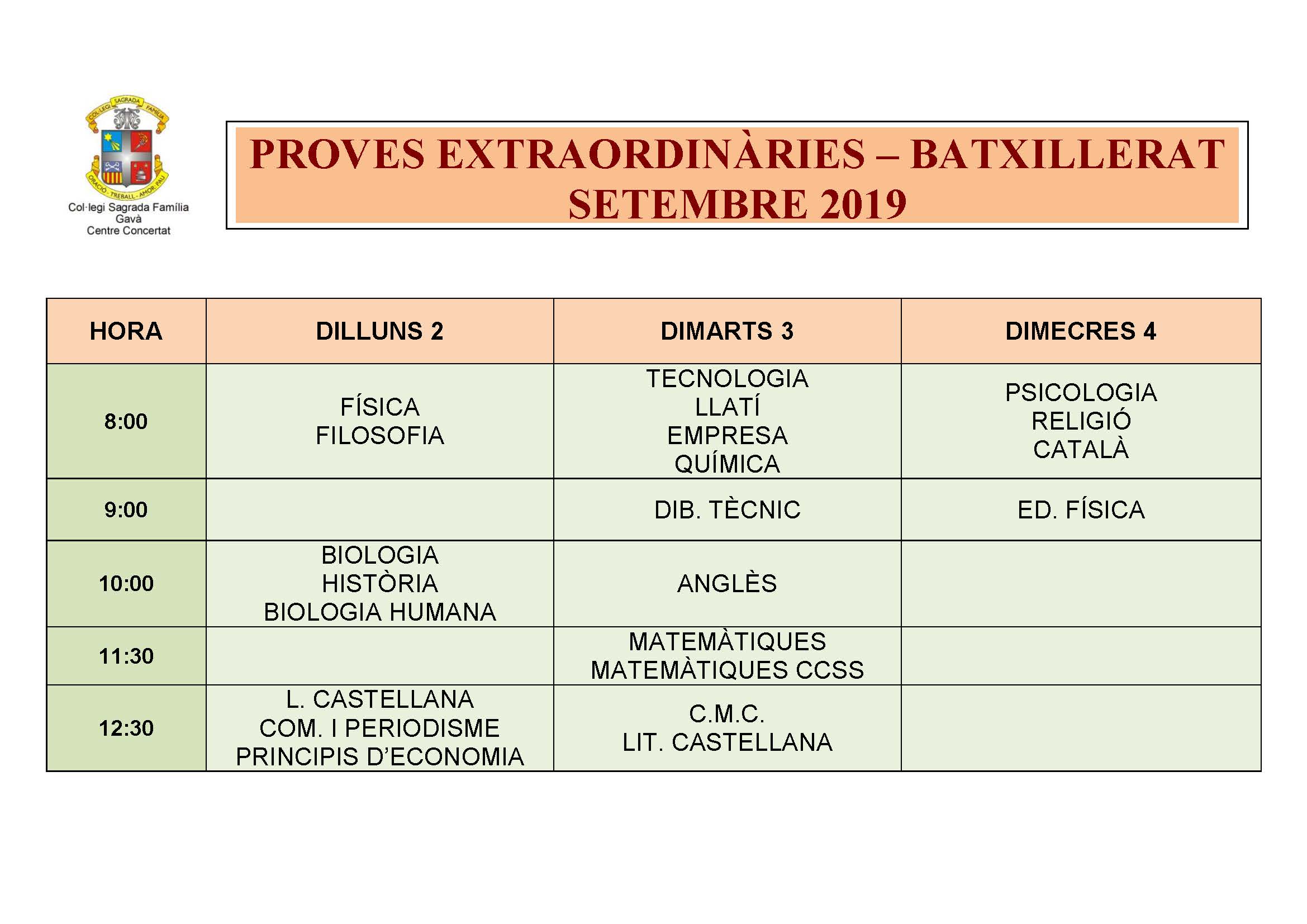 PROVES EXTRAORDINÀRIES – BATXILLERAT SETEMBRE 2019